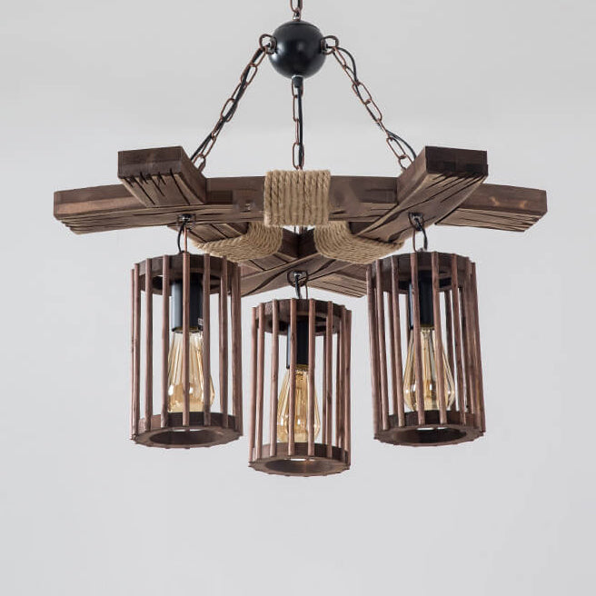 Pantalla de lámpara de jaula de pájaro de madera con cuerda de cáñamo retro, candelabro de 3 luces 