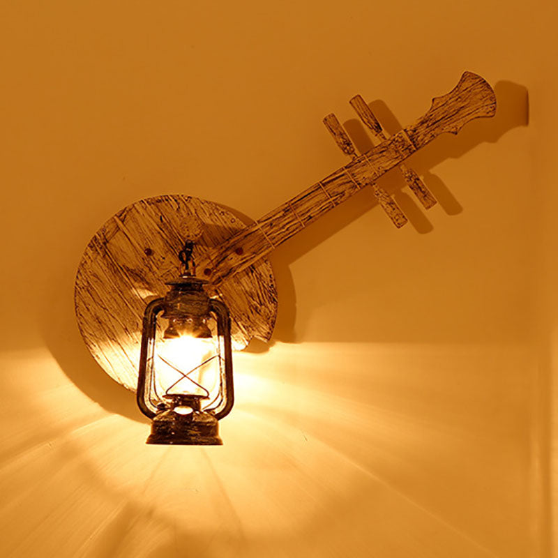 Traditionelle Bauernhaus Holzlaute Eisenhalter 1-Licht Wandleuchte für Esszimmer 