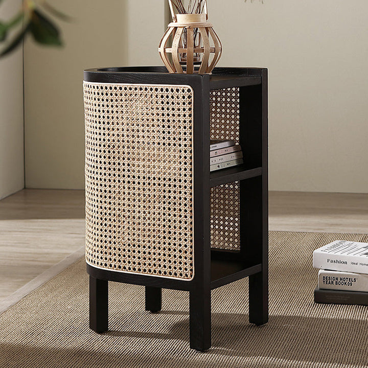 Traditional Japanese Weaving Semicircular Elliptical Faux Rattan Ash Wood Nightstand 2-Storage For Bedside