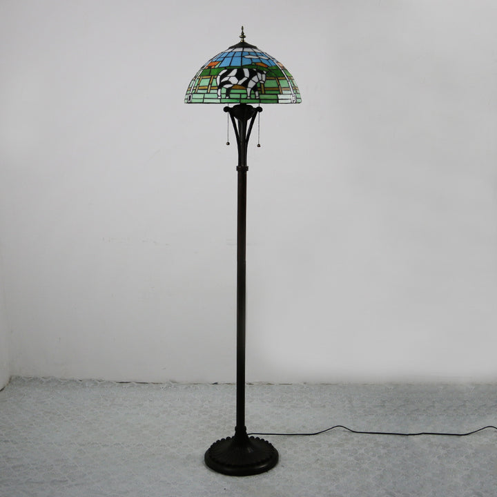 Lampe de sol traditionnelle Tiffany en résine avec dôme semi-circulaire en verre, motif de vache et fleur en diamant à 2 lumières pour salle à manger 