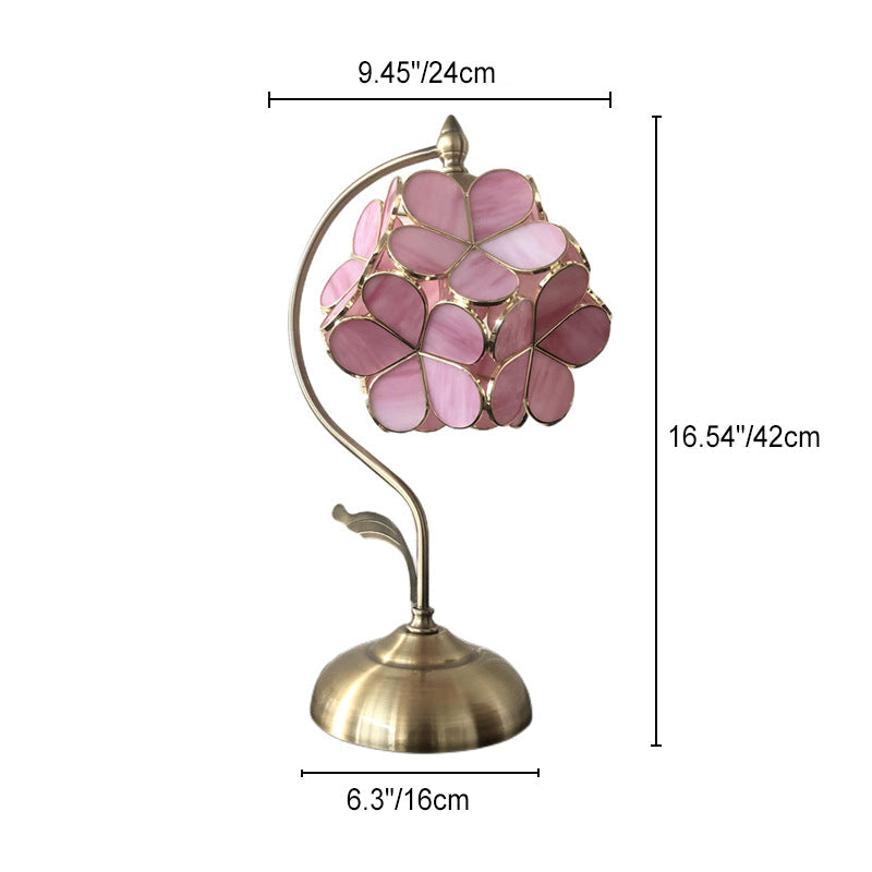 伝統的なヴィンテージフラワー紫陽花真鍮金属ガラス1灯テーブルランプ寝室用 