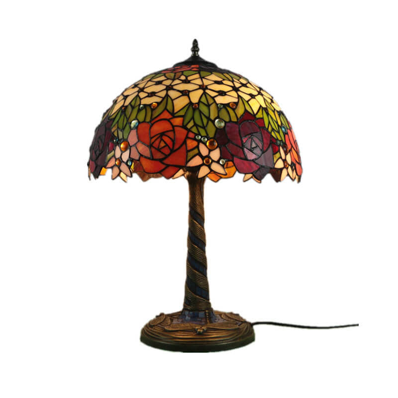 Traditional Tiffany Flower Decor Stained Glass Dome 2-Light Table Lamp For Bedroom