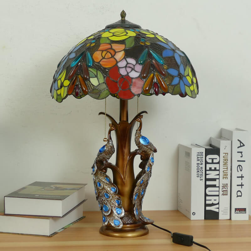 Traditional Tiffany Stained Glass Resin Dome Peacock Base 2-Light Table Lamp For Bedroom