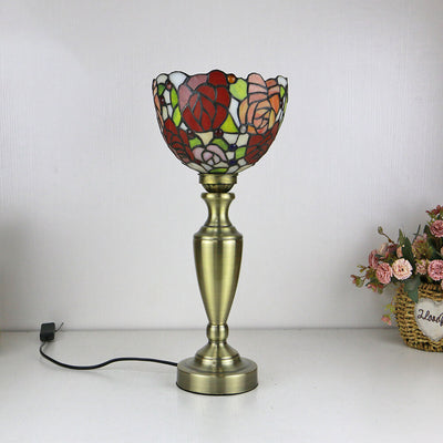 Traditional Tiffany Vintage Floral Bowl Design Stained Glass 1-Light Table Lamp For Bedroom