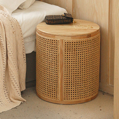 Mesa de centro cilíndrica de madera y ratán escandinava contemporánea para sala de estar 