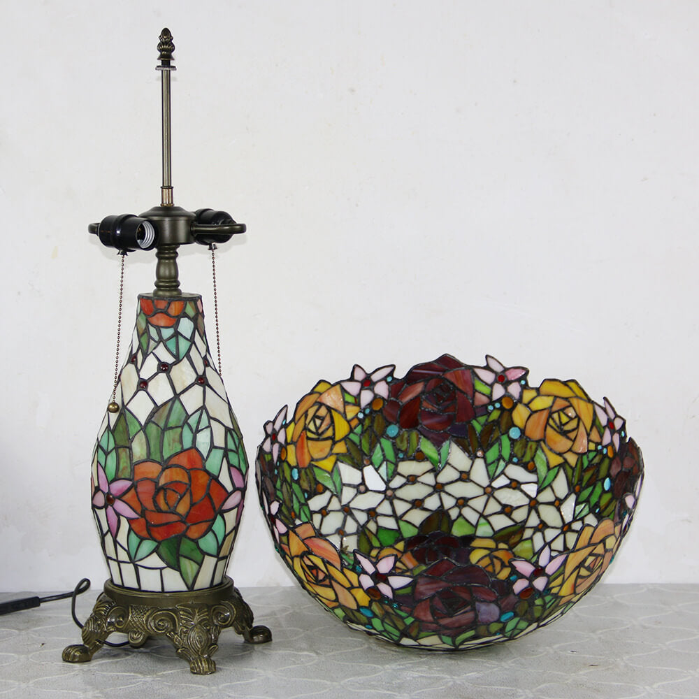 Tiffany Vintage Rosenblume Dekor Buntglas Kuppel 2-Licht Tischlampe 