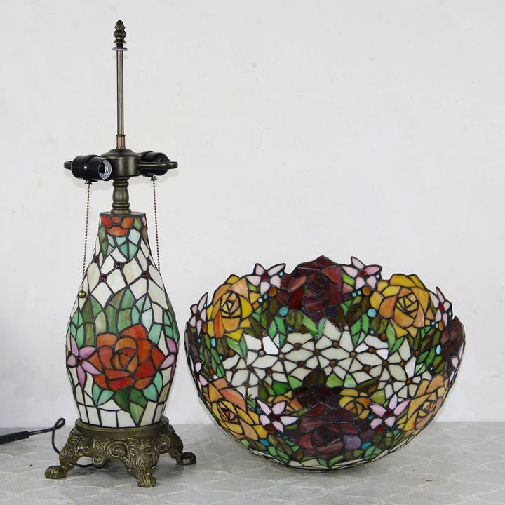 Tiffany Vintage Rosenblume Dekor Buntglas Kuppel 2-Licht Tischlampe 