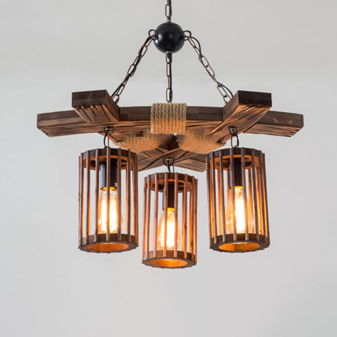 Pantalla de lámpara de jaula de pájaro de madera con cuerda de cáñamo retro, candelabro de 3 luces 