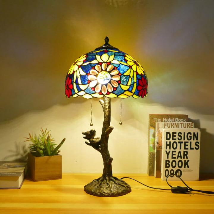 Traditional Tiffany Dragonfly Flower Stained Glass Bird Base 2-Light Table Lamp For Bedroom