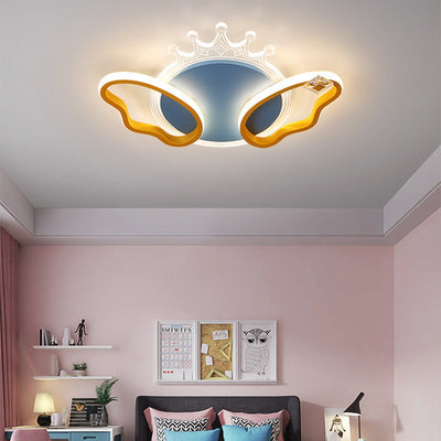 Modern Art Deco Butterfly Crown Round Acrylic Iron LED Flush Mount Ceiling Light For Bedroom
