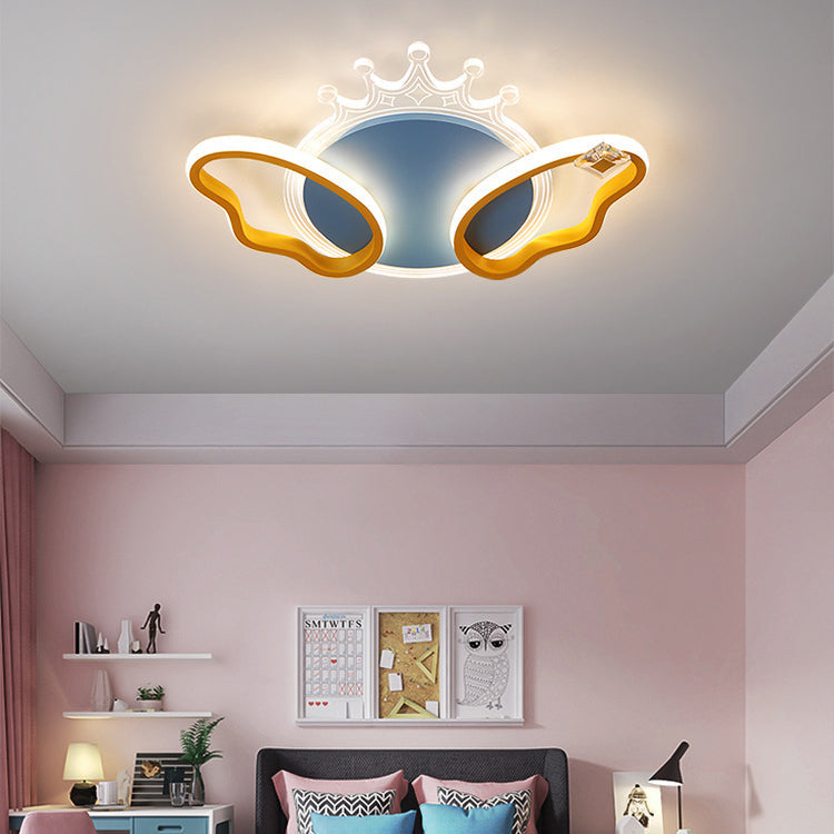 Modern Art Deco Butterfly Crown Round Acrylic Iron LED Flush Mount Ceiling Light For Bedroom