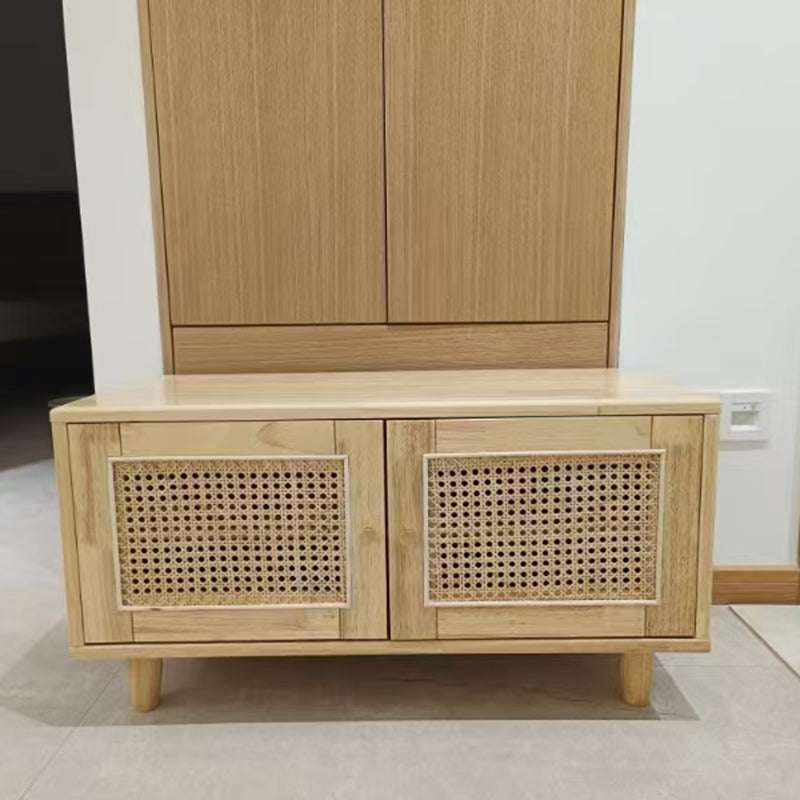 Banco de Zapatos Nórdico Contemporáneo Rectangular de Madera Maciza y Tejido de Ratán de Plástico con 2 Almacenamientos para la Entrada 