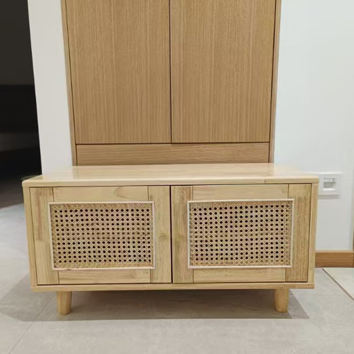 Banco de Zapatos Nórdico Contemporáneo Rectangular de Madera Maciza y Tejido de Ratán de Plástico con 2 Almacenamientos para la Entrada 