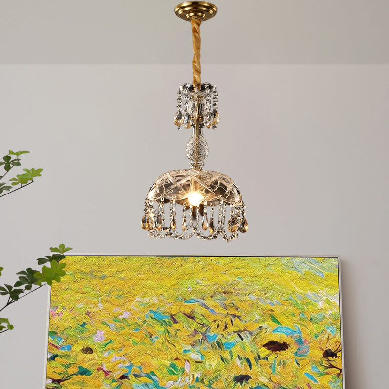 Traditional European Round Flower Crystal Hardware 1-Light Pendant Light For Living Room