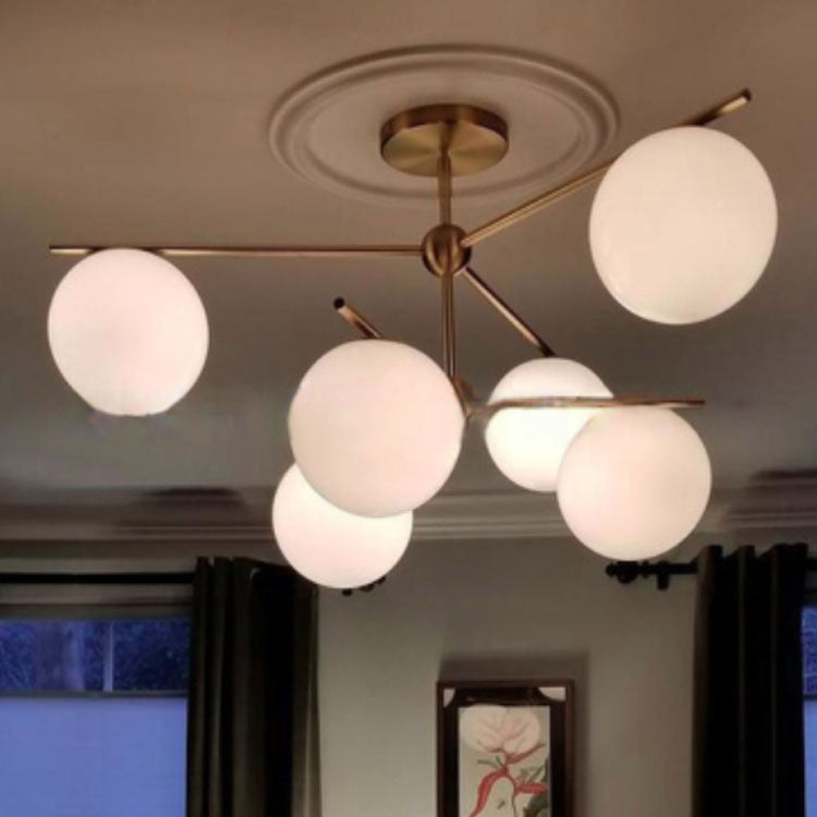Zeitgenössische nordische Kugelzweig-Deckenleuchte aus Eisen und Kupferglas mit 3/6 Lichtern, halbbündige Deckenmontage für Wohnzimmer 