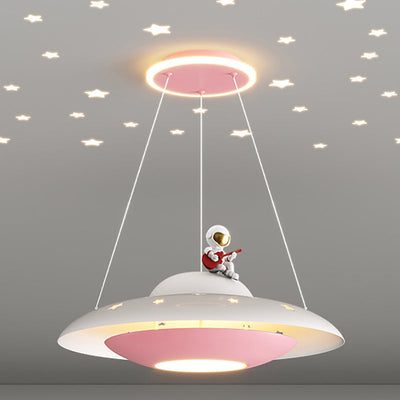 Moderne Art Deco Kinder Eisen Acryl UFO Raumschiff Astronaut Runde LED Pendelleuchte Für Schlafzimmer 