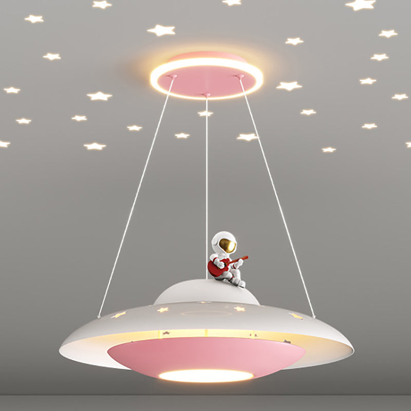 Moderne Art Deco Kinder Eisen Acryl UFO Raumschiff Astronaut Runde LED Pendelleuchte Für Schlafzimmer 