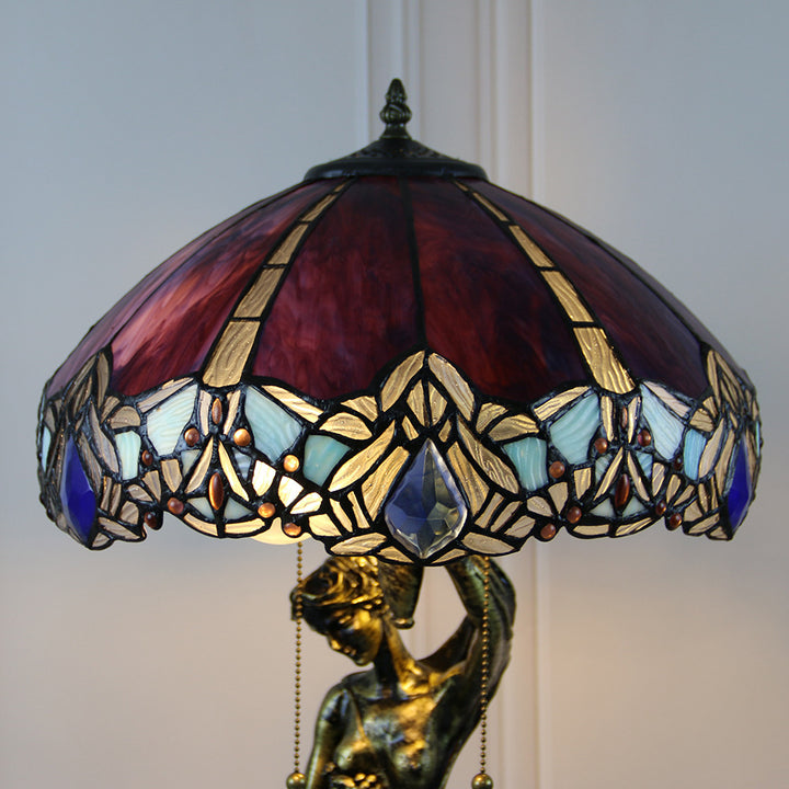 Lampe de table à 2 lumières avec base de femme jolie en forme de vache en diamant de raisin en dôme de verre en résine Tiffany traditionnel pour chevet 