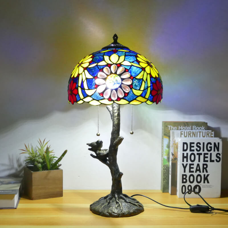 Traditional Tiffany Dragonfly Flower Stained Glass Bird Base 2-Light Table Lamp For Bedroom