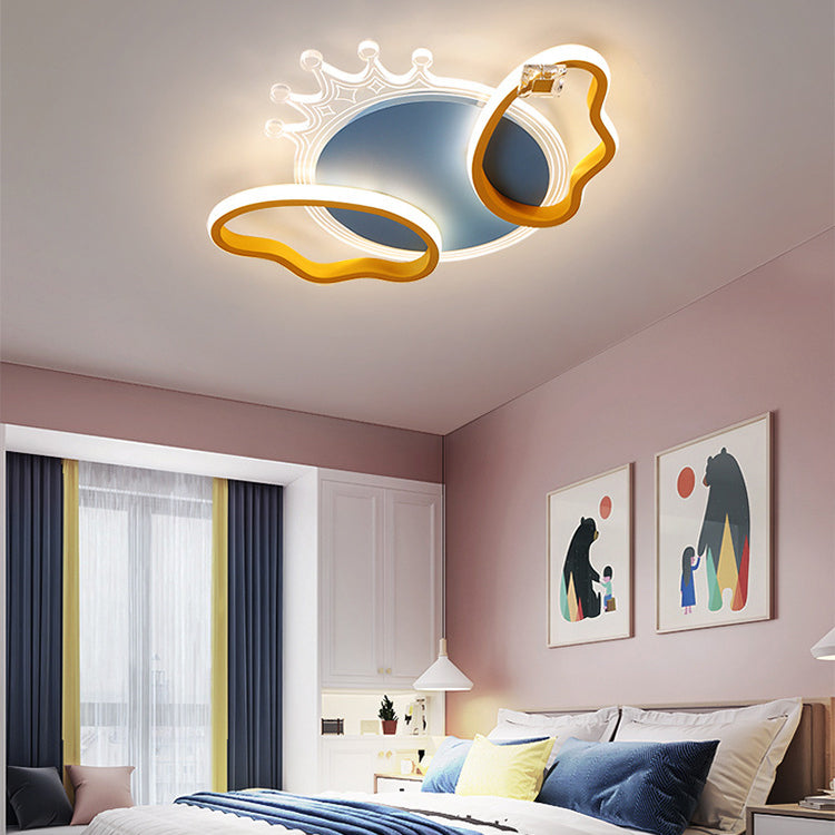 Modern Art Deco Butterfly Crown Round Acrylic Iron LED Flush Mount Ceiling Light For Bedroom