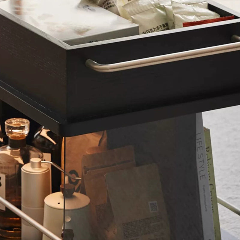 Moderner minimalistischer rechteckiger Holzplatten-Glas-Edelstahl-Beistelltisch mit 3-Staufächern, anhebbar für das Wohnzimmer 