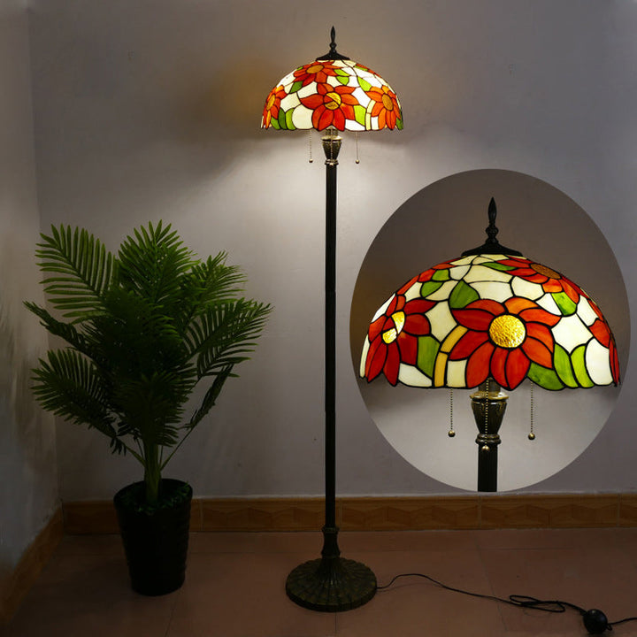 Lámpara de pie de 3 luces de vidrio de hierro con columna tradicional Tiffany para sala de estar 