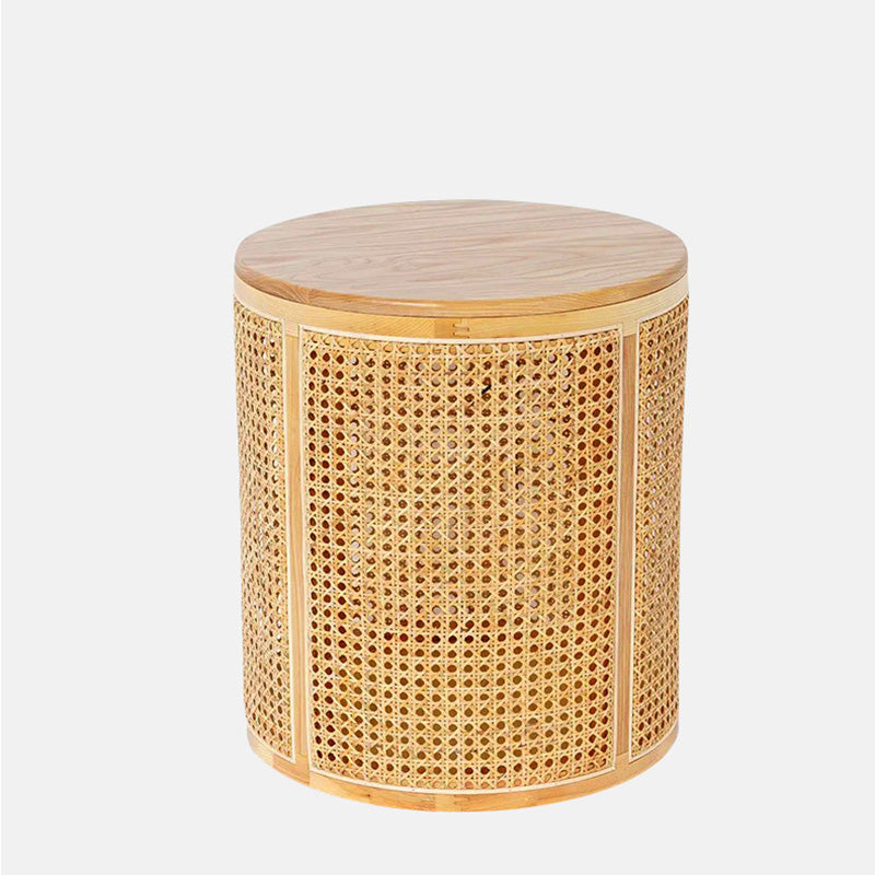 Mesa de centro cilíndrica de madera y ratán escandinava contemporánea para sala de estar 