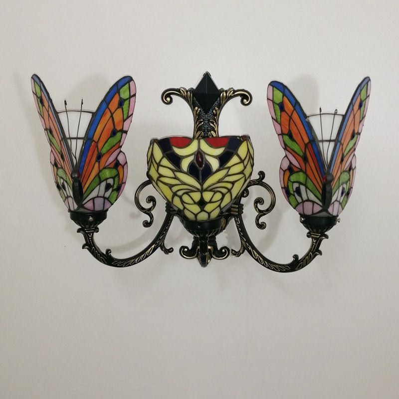 Traditional Tiffany European Butterfly Alloy Iron Glass 3-Light Wall Sconce Lamp For Hallway