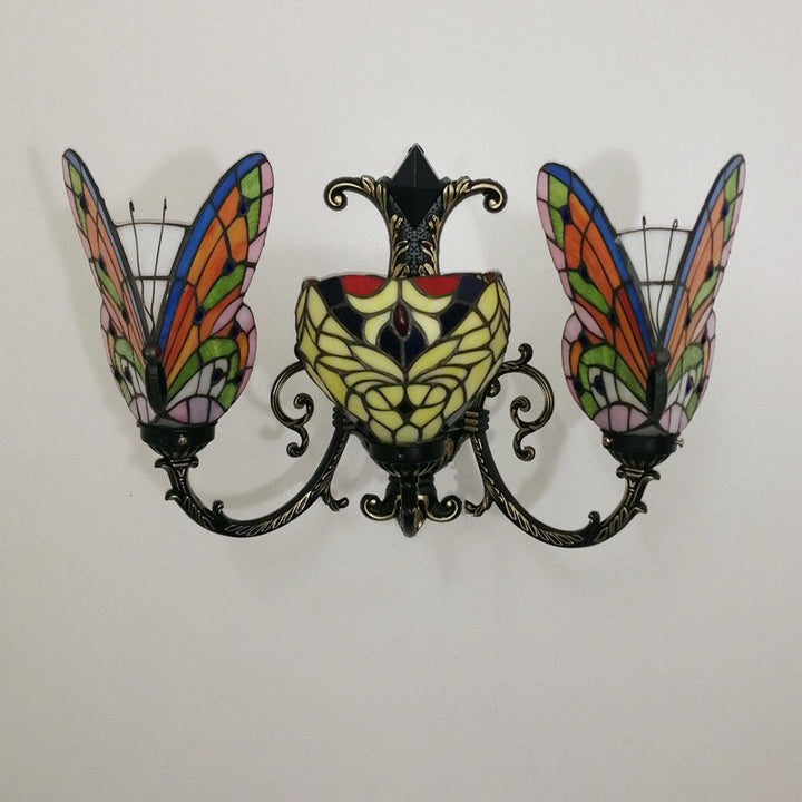 Traditional Tiffany European Butterfly Alloy Iron Glass 3-Light Wall Sconce Lamp For Hallway