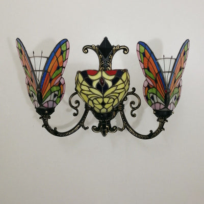 Traditional Tiffany European Butterfly Stained Glass 3-Light Wall Sconce Lamp For Hallway