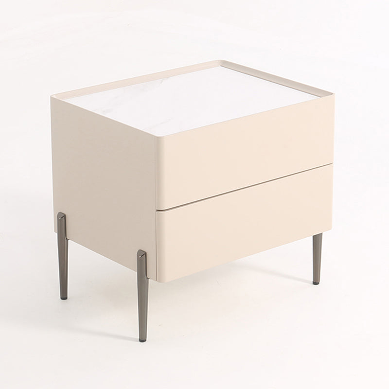 Contemporary Scandinavian Square Cream White 2-Drawer Storage Nightstand - Stone Slab Top Bedside Table For Bedroom