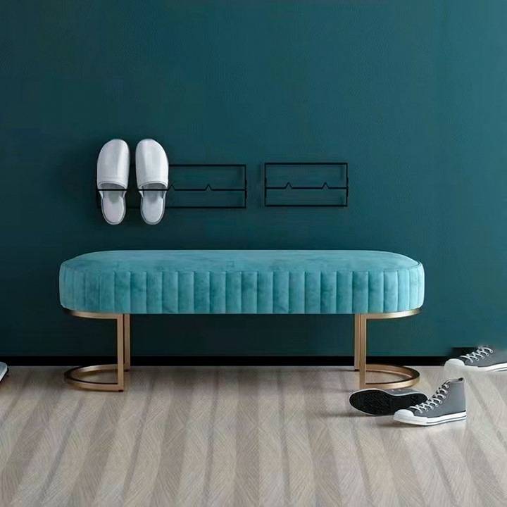 Moderner Luxus-Samt-Metall-Lang-Oval-Schuhbank für Wohnzimmer 