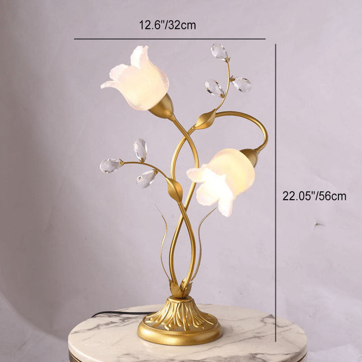 Moderne Art Deco Blumen Eisen Glas 2-Licht Tischlampe für Wohnzimmer 