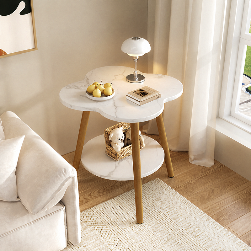 Mesa Auxiliar Redonda de Madera Maciza y Metal con Forma de Flor Contemporánea de 2 Niveles para Sala de Estar 