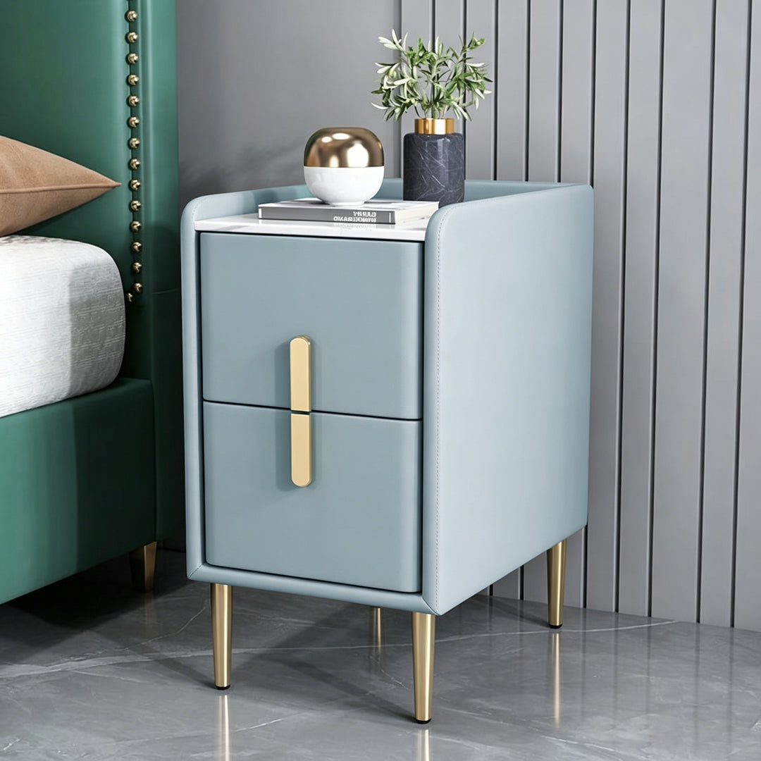 Table de chevet en cuir microfibre de pin nordique contemporain en pierre frittée 2 tiroirs pour chambre 