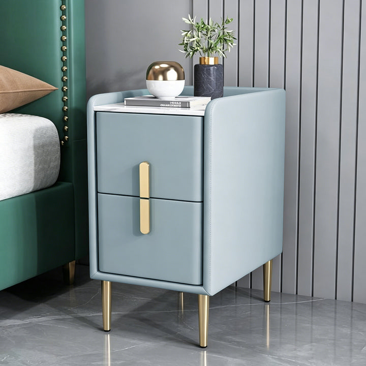 Table de chevet en cuir microfibre de pin nordique contemporain en pierre frittée 2 tiroirs pour chambre 