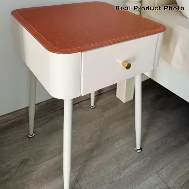Contemporary Nordic Tempered Glass PP Carbon Steel Square Leather Texture Nightstand With 1 Drawer For Bedroom