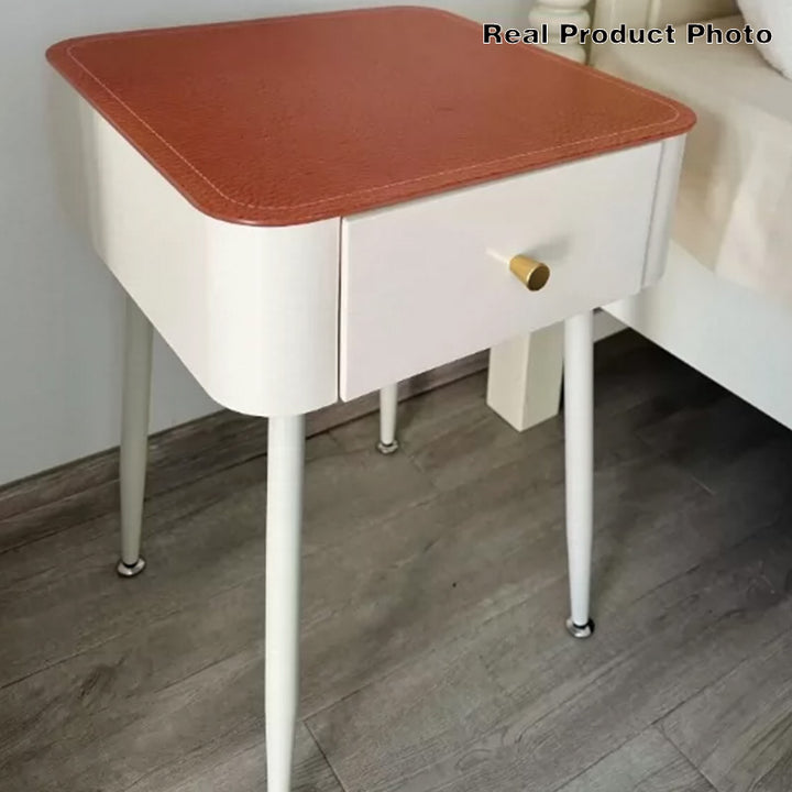Contemporary Nordic Tempered Glass PP Carbon Steel Square Leather Texture Nightstand With 1 Drawer For Bedroom