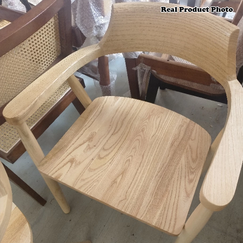 Contemporary Nordic Ash Wood Square Curved Dining Chair Backrest Armrest For Dining Room