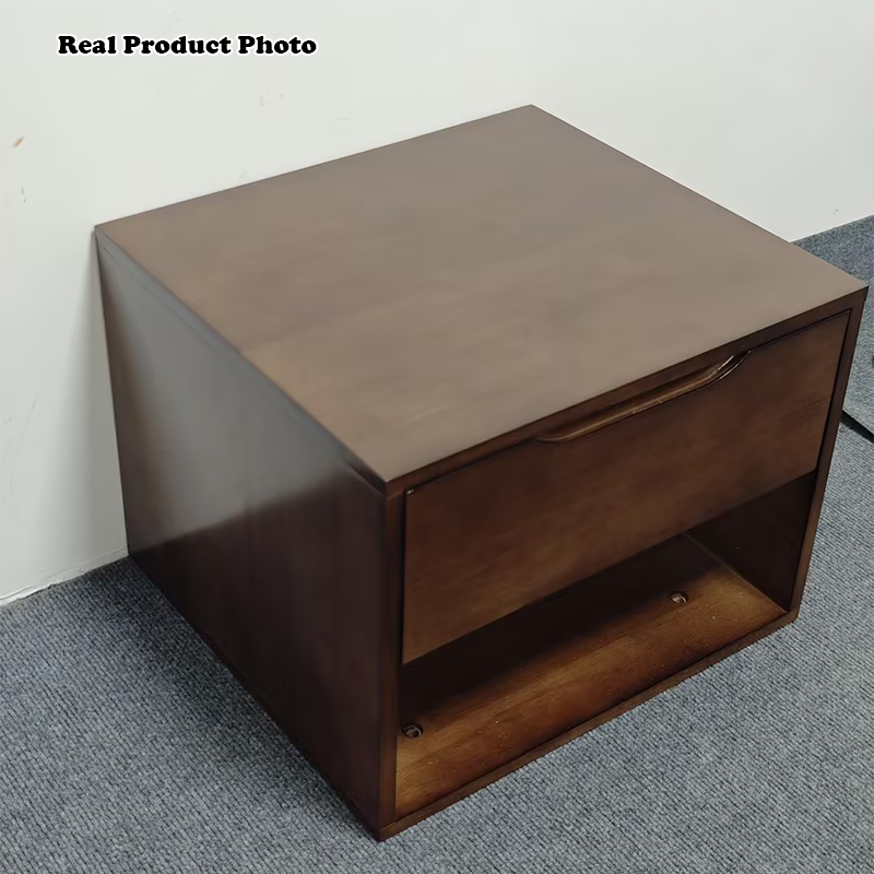 Contemporary Scandinavian Solid Wood &amp; Plywood Cylindrical Square Nightstand With 1/2 Drawers For Bedroom