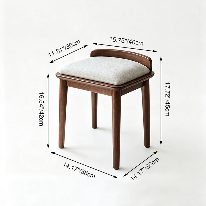 Tabouret de coiffeuse en bois massif et tissu, style minimaliste moderne, avec coins arrondis et dossier pour chambre et salon 