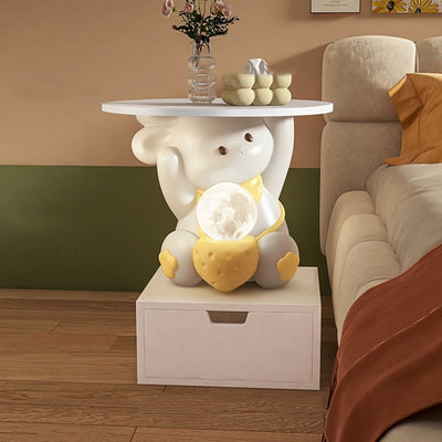 Moderner Art Deco Kinderhasen-Rundteller Rechteckige Schublade Harz Holz Emaille Nachttisch mit 1 Schublade und LED-Licht für das Schlafzimmer 