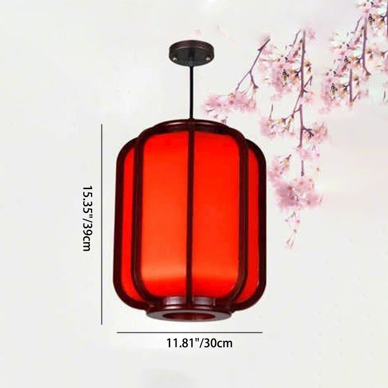 Traditional Chinese Faux Sheepskin Wooden Lantern Round 1-Light Pendant Light for Living Room