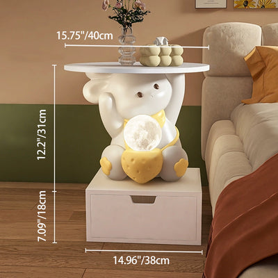 Moderner Art Deco Kinderhasen-Rundteller Rechteckige Schublade Harz Holz Emaille Nachttisch mit 1 Schublade und LED-Licht für das Schlafzimmer 