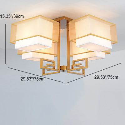 Modern Chinese Fabric Square Geometric Hardware 4-Light Semi-Flush Mount Ceiling Light