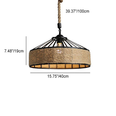 Traditional Rustic Round Iron Hemp Rope 1-Light Pendant Light For Living Room