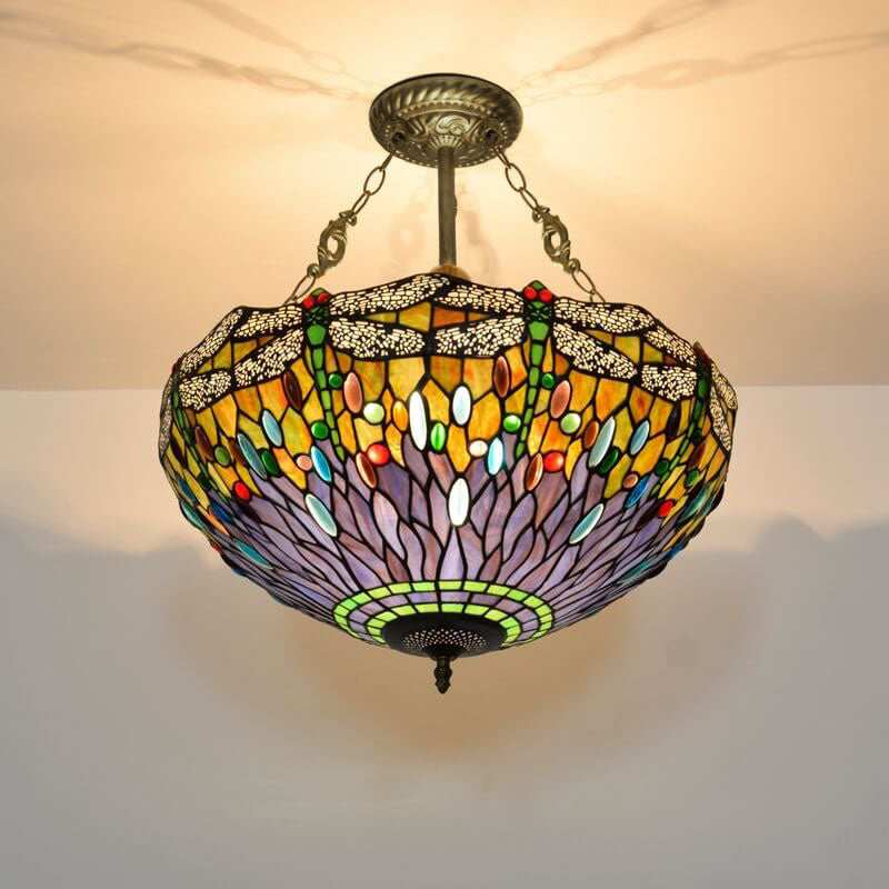 Traditional Vintage Tiffany Dragonfly Stained Glass 3-Light Chandelier For Living Room