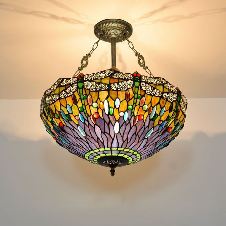 Traditional Vintage Tiffany Dragonfly Stained Glass 3-Light Chandelier For Living Room