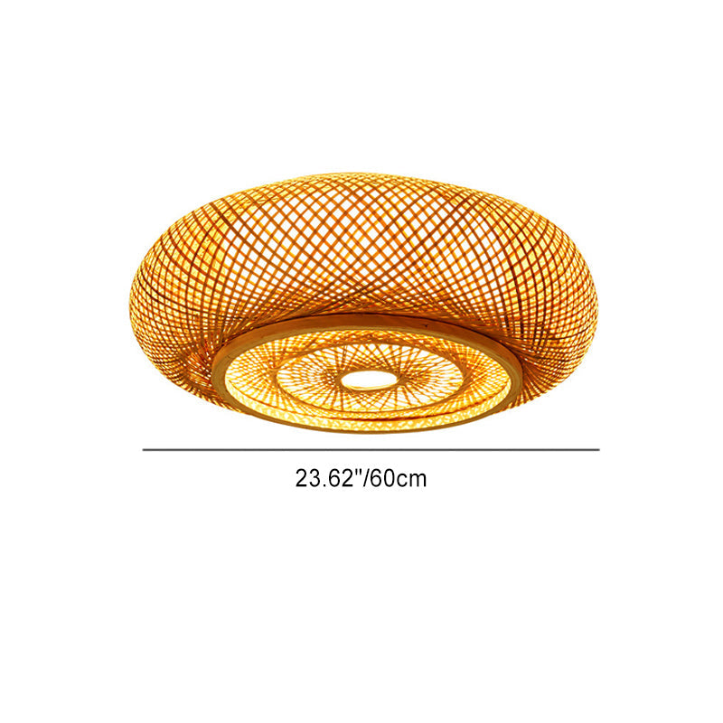 Plafonnier en bambou PVC à une lumière avec monture affleurante, style vintage traditionnel et squelette rond pour salon 