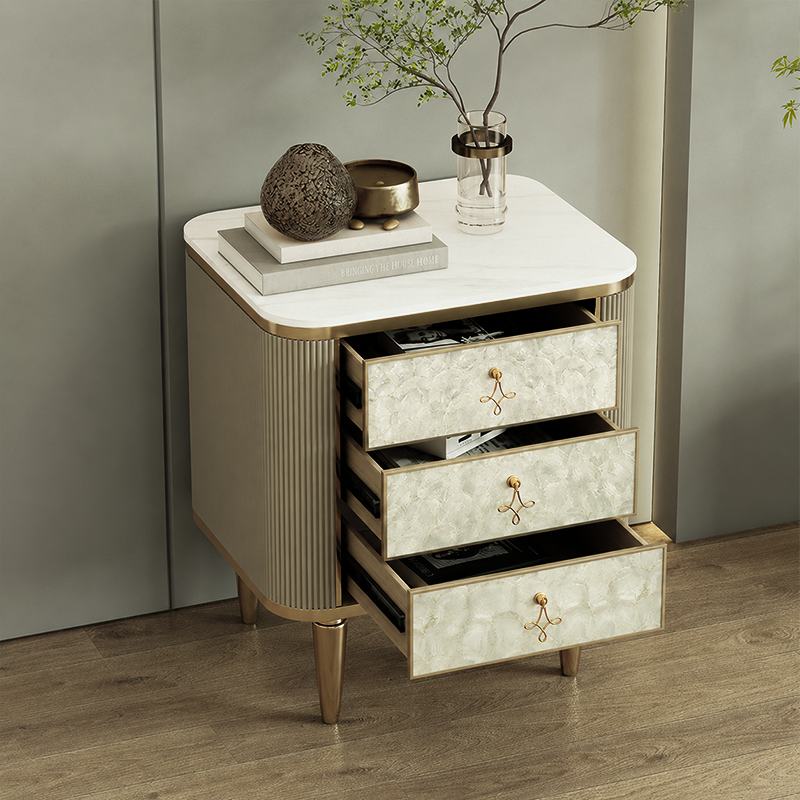 Modern Luxury Rectangular Sintered Stone Eco-board Birch Leg Nightstand 3-Drawer For Bedroom